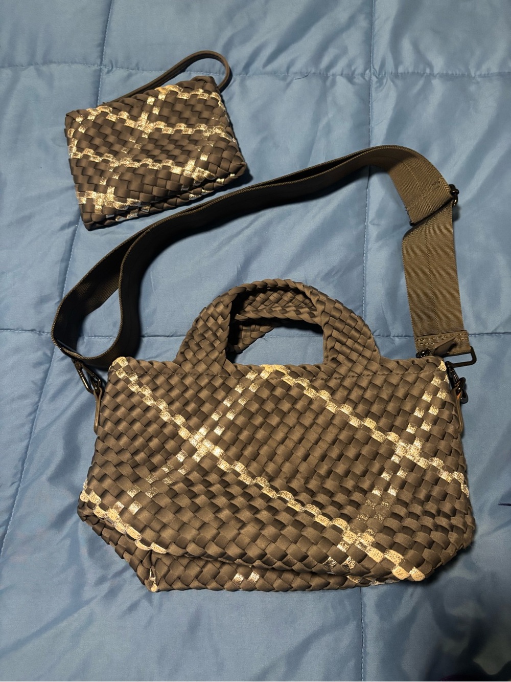 HAUTE SHORE Woven Brown Crossbody with Metallic Accent